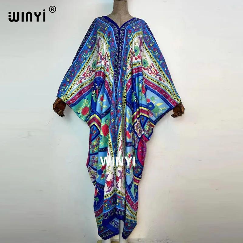 

2021 Sunmer Middle East Fashion Print sexyTwill WINYI Maxi Dress African Women Abaya Robe Long Dress Beach V-neck Bohemian Dress