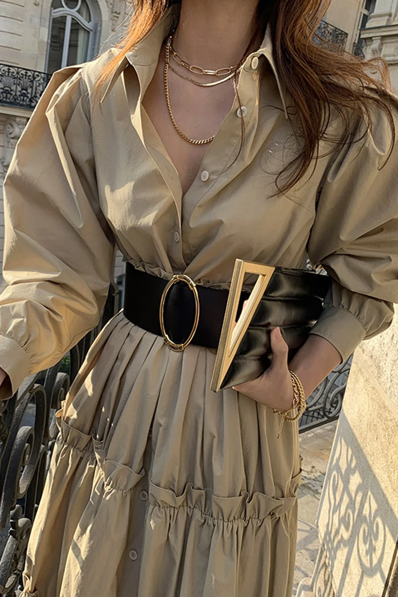 

Women's dress fashion temperament lapel single-breasted wooden ear stitching loose long dress with belt women
