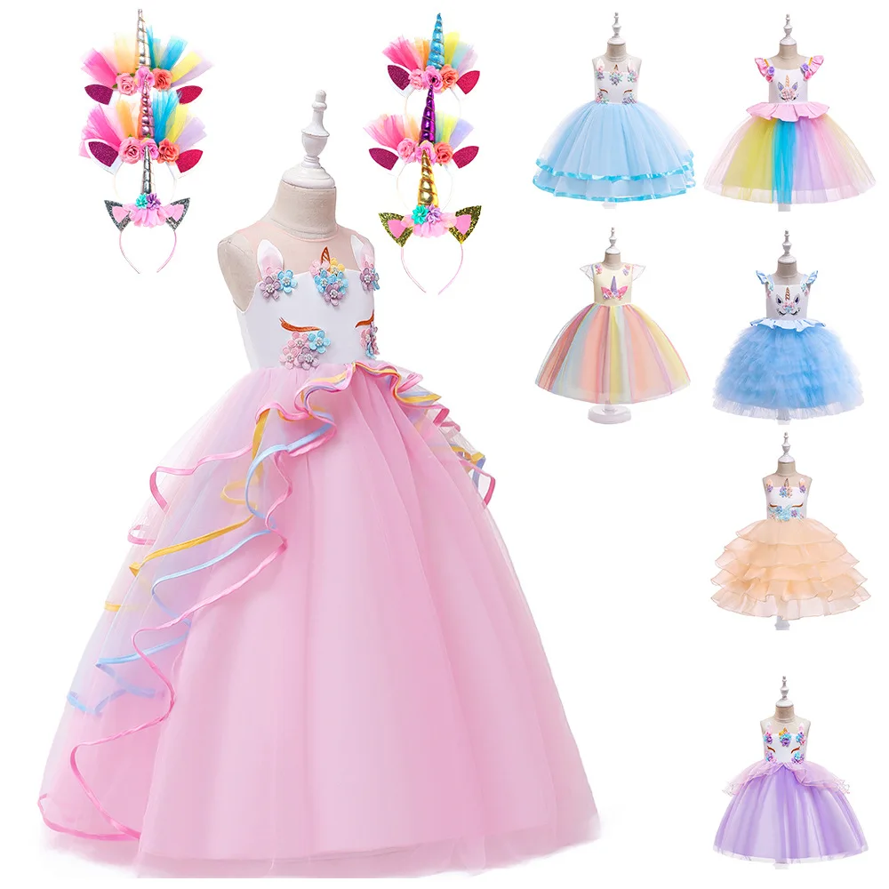 

Mosengkw Children Party Unicorn Princess Dress Luxury Printed Christmas Perform Girl Dress