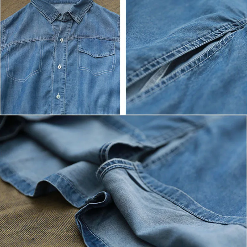 

NINI WONDERLAND 2021 Summer Thin Cotton Denim Shirt Dress Women Loose Split Midi Dress Single Breasted Vintage Dresses Casual