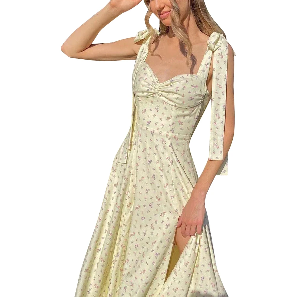 

Summer Women Sleeveless Spaghetti Strap Split Dresses Elegant Floral Print Midi Party Dress
