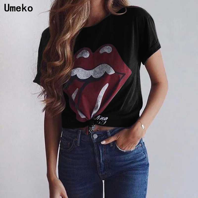 Женская футболка с коротким рукавом Umeko повседневная черная принтом губ языка