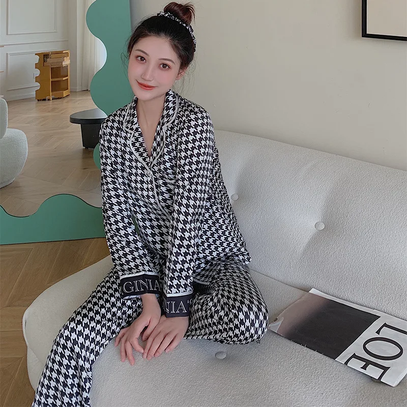 

Fashion houndstooth lovers pajamas sets women Couples sleepwear long sleeve summer high quality exquisite pyjamas women