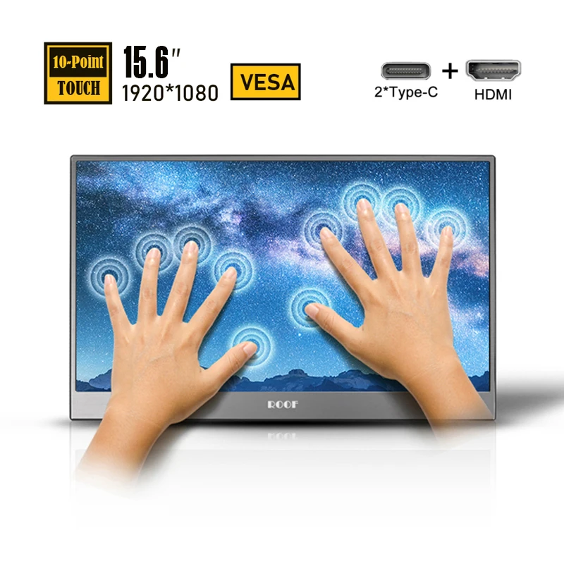 저렴한 휴대용 모니터, 터치스크린, 15.6 인치, 10 포인트 터치 FHD IPS 스크린, USB C타입, HDMI 디스플레이, 노트북, PS4, 스위치, 엑스박스 폰용