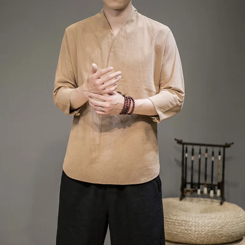 Мужская Тонкая футболка из хлопка и льна с рукавом 3/4 | Тематическая одежда