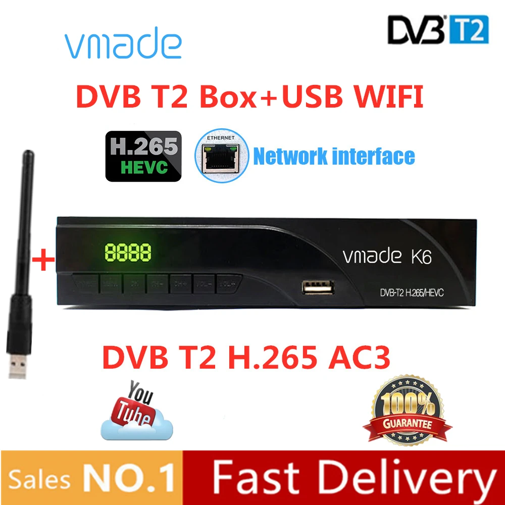 Vmade DVB-T2 ТВ-приставка+WI-FI DVB T2 в земной приемник-бокс поддержка H.265 RJ45 порт Dolby WI-FI Youtube сетевые топ-боксы.
