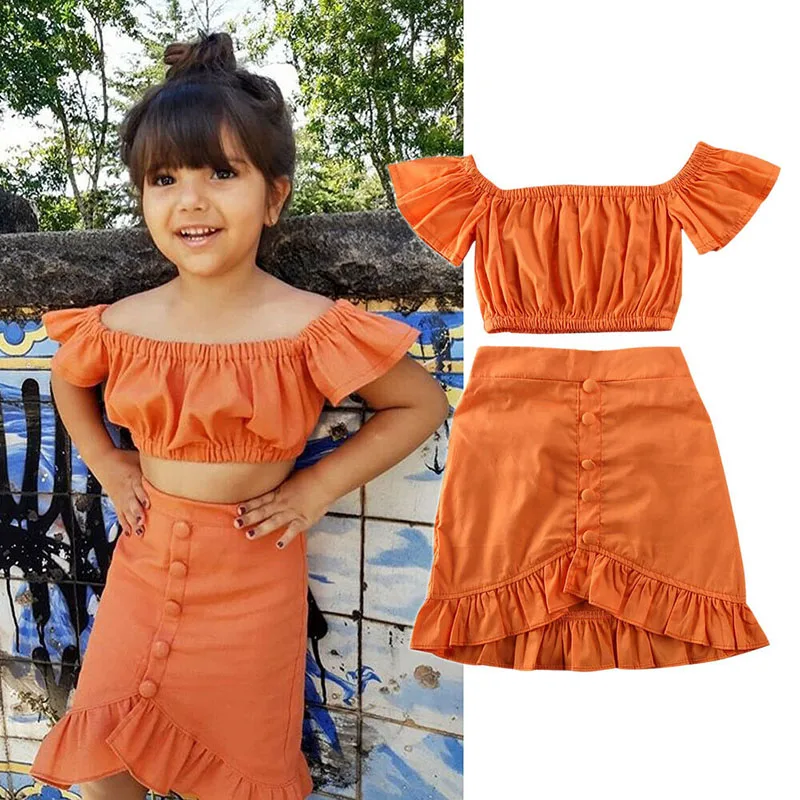 

Toddler Baby Girls Clothes Kids Orange Off Shoulder Crop Top Ruffle A-Line Skirt 2PCS Outfit Children's Clothing Set 1-6Y Summer