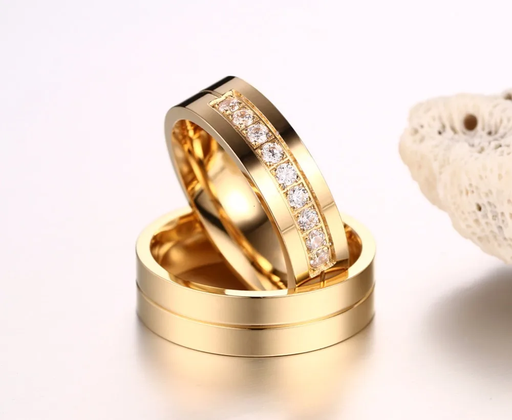 Bling CZ камень свадебные кольца для мужчин и женщин золотой тон нержавеющая сталь Promise Love Anillo Alianca Bijoux индивидуальная гравировка