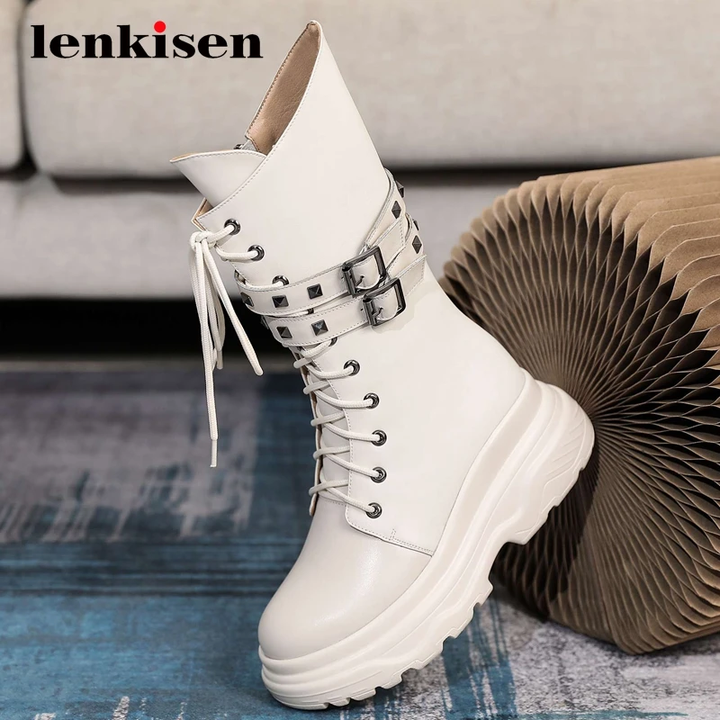 

Мотоциклетные сапоги Lenkisen из натуральной кожи с пряжкой, украшенные на толстом высоком каблуке, с круглым носком, на молнии, красивые благор...
