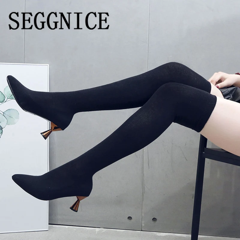 Модные сапоги 2019 г. Женские ботфорты из эластичной ткани с острым носком Женская