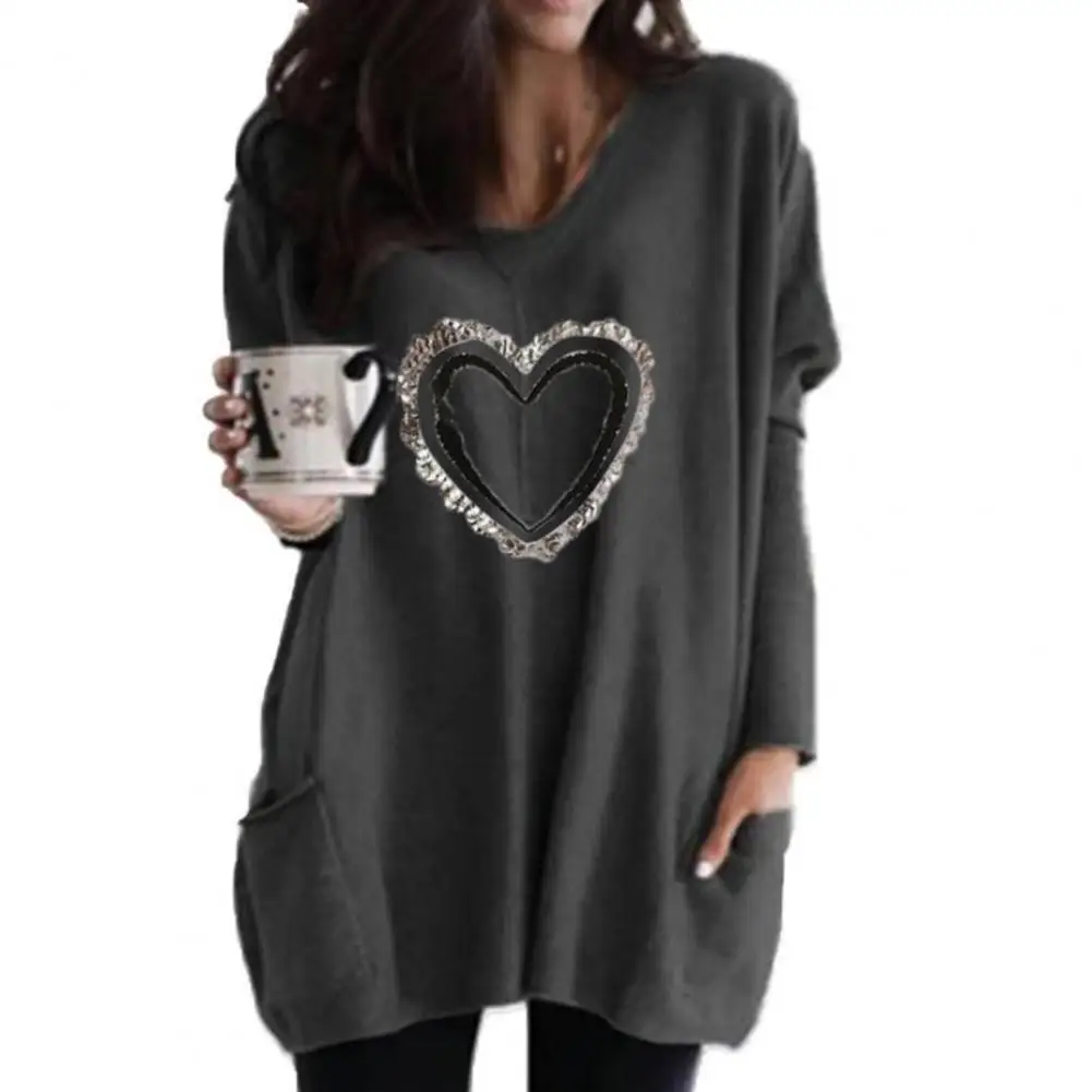 

Lady T-shirts Heart Print All Match Comfy Long Sleeves Solid Color Casual T-shirt for Friends