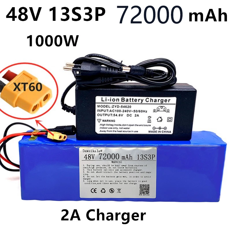 48V99999Ah 1000w 13S3P XT60 48V комплект литий-ионный батарей 99999mah для электровелосипеда 54 6 v