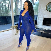 sheer mesh shiny jumpsuit women 2021 fall clothes zipper front long sleeve with gloves bodycon rompers one piece outfit clubwear