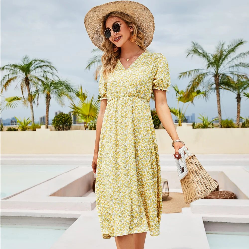 

Женское винтажное платье до середины икры, платье с цветочным принтом и V-образным вырезом, летние платья со складками и коротким рукавом