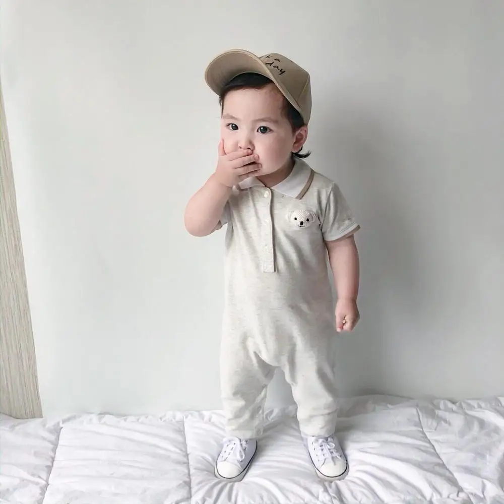 

2020 Baby romper short sleeve baby girls boys turn down collar cartoon bear infant jumpsuit summer baby clothing