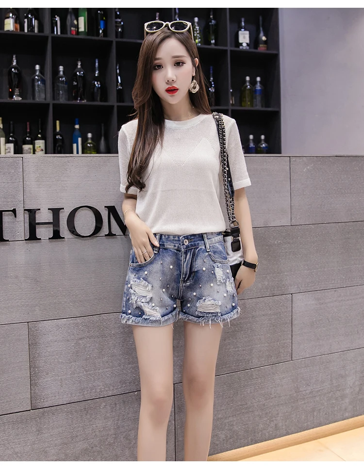 Летние женские модные джинсовые шорты с высокой талией Украшенные бусинами и |