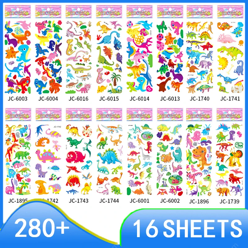 

3D наклейки для детей, 16 различных милых динозавров, наклейки для детей, простыни с 280 + толстыми наклейками для детей, девочек и мальчиков, не ...