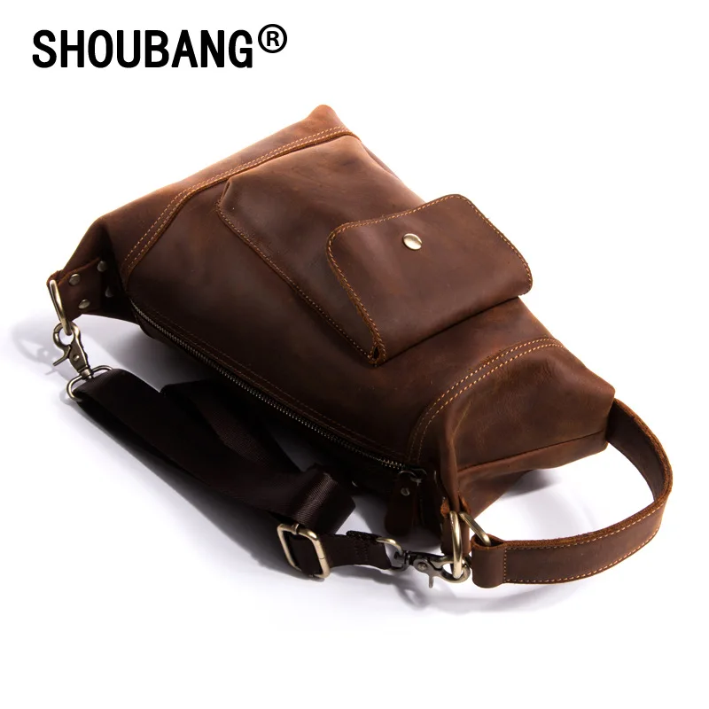 Koop UNIEKE Echt Crazy Horse Lederen Taille Packs Voor Mannen Reizen Schouder Wandelen Pack Mannelijke Tas Voor Telefoon Pouch