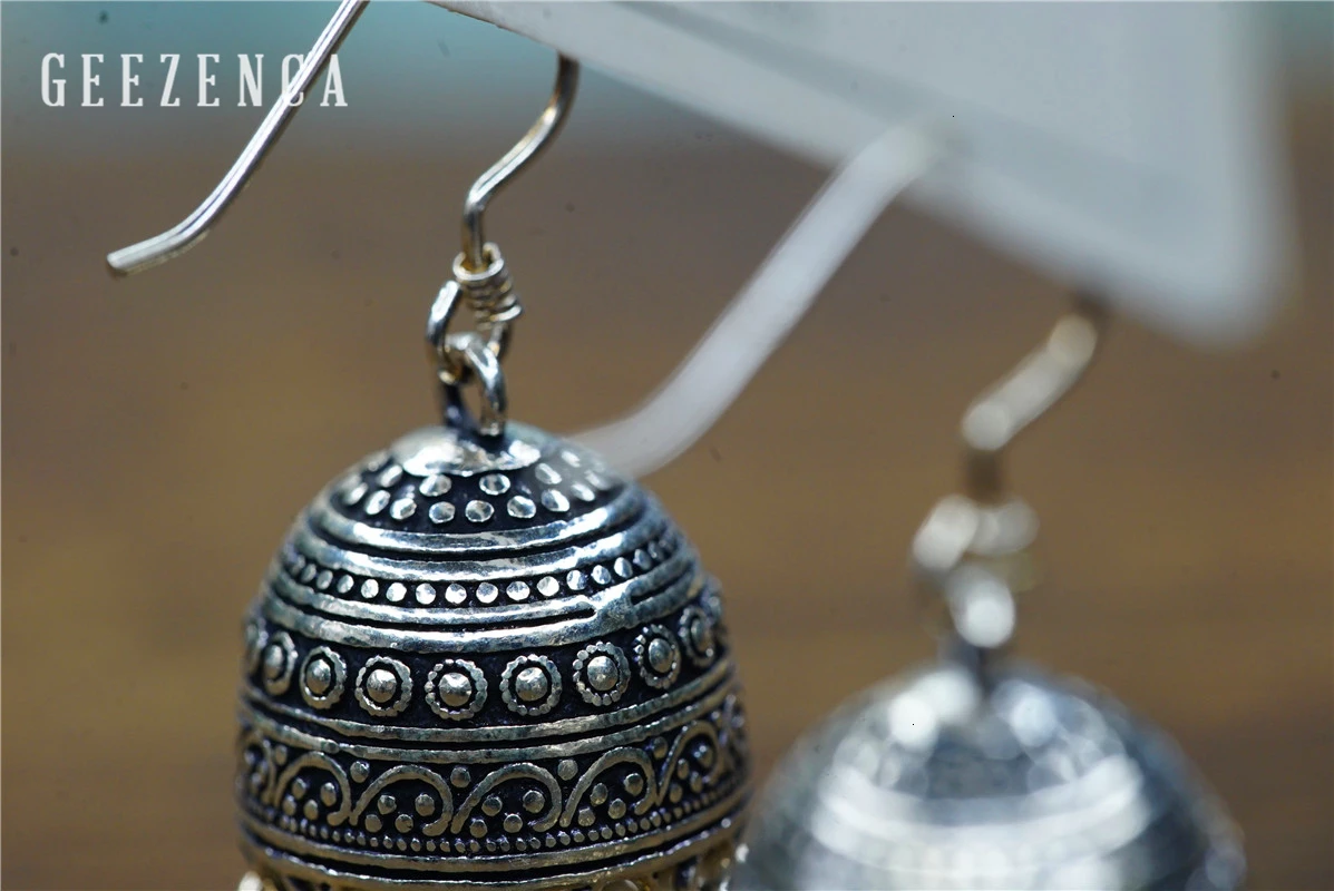 GEEZENCA 925 Sterling Silver Earrings for Women Indian Small Bells Beads Drop Earrings Ethnic Vintage Jewelry Party Gift