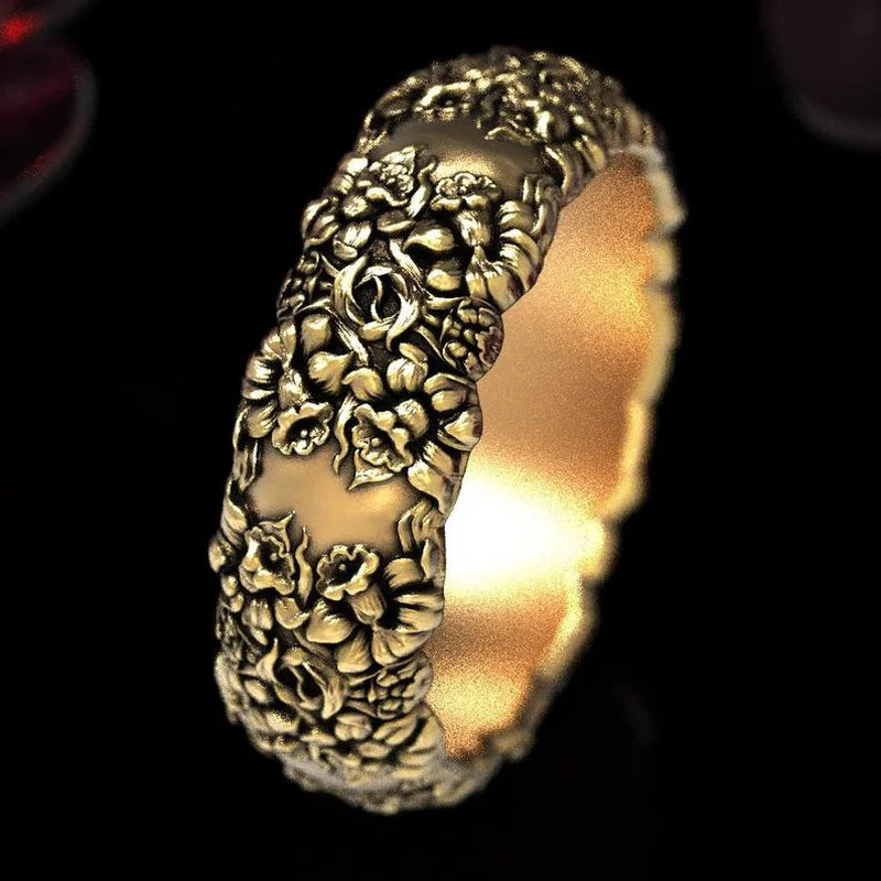 

Ofertas Explosive European and American Fashion Retro Pattern Carved Flower Female Ring for Women Party Jewelry Accessories