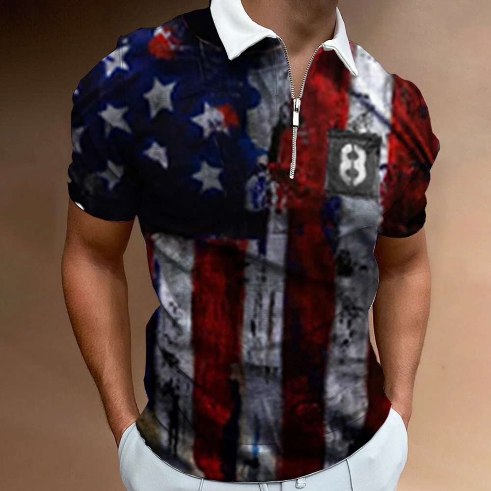 

New Men's Zipper Polo ShirtTie-dye Various Printing Printing And Dyeing Lapel Short-sleeved Pullover Casual Men's T-shirt