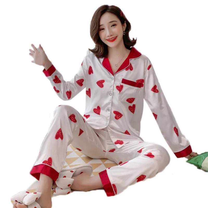 M-XXL Spring Autumn Pijama Mujer Long-Sleeved Faxu Silk Pajamas Women's Full Length Pyjamas Women Home Clothes Sleepwear
