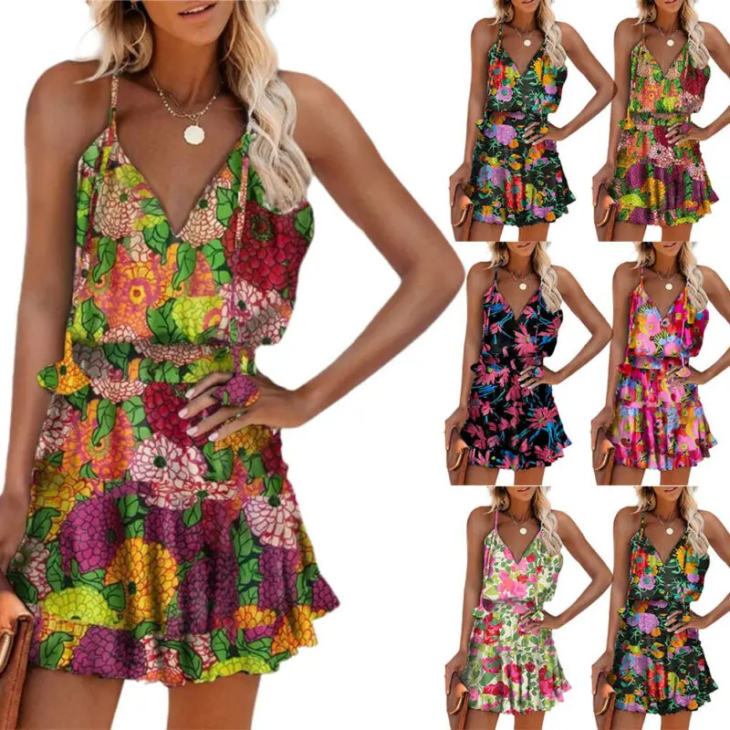 

Lady Sexy Casual Floral Printed Sundress Holiday Summer Beach V Neck Short Dress