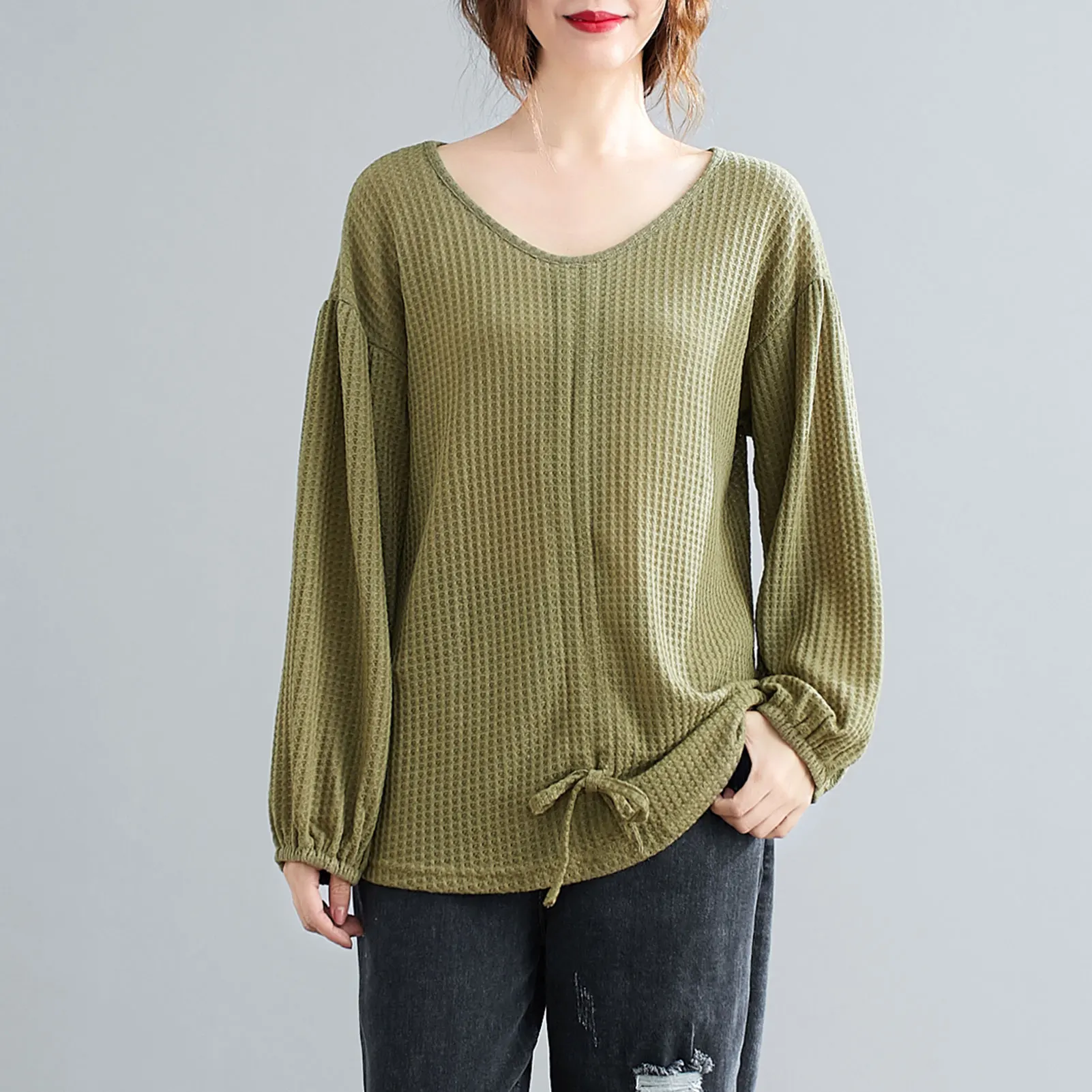 

Женский трикотажный пуловер на завязках, с v-образным вырезом и рукавами-фонариками, на весну и осень, повседневная одежда, Однотонный женск...