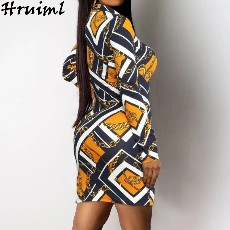 

Vintage Woman Dress Chain Print Long Sleeve Stand Collar Autumn Mini Dress Elegant OL Vestido De Mujer Plus Size Bodycon Dress