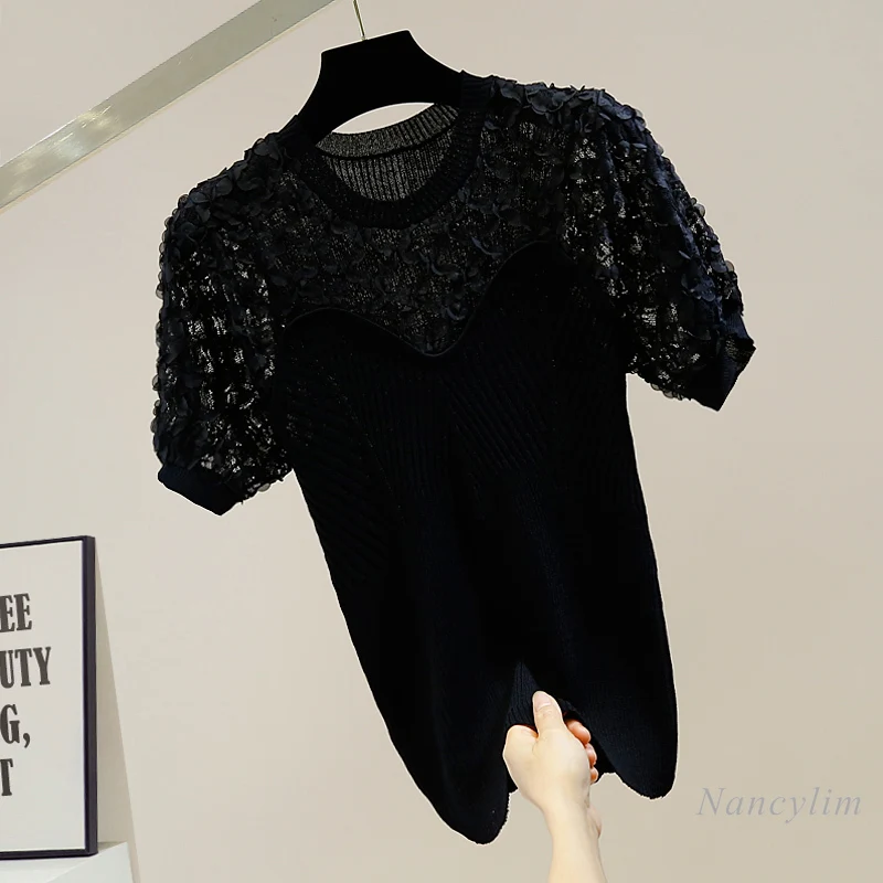 Camiseta de costura delgada de encaje para mujer, blusa de punto de seda de hielo fina para mujer, Top elegante Blanco, Negro, Rosa, Verano