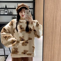 bear imitation lamb velvet sweater women winter 2021 new korean loose wool cloth thick warm long sleeved plus velvet pullover