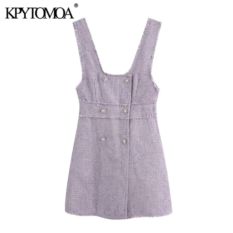 

Женское твидовое мини-платье KPYTOMOA, винтажное двубортное платье на широких бретелях с потертостями, 2021