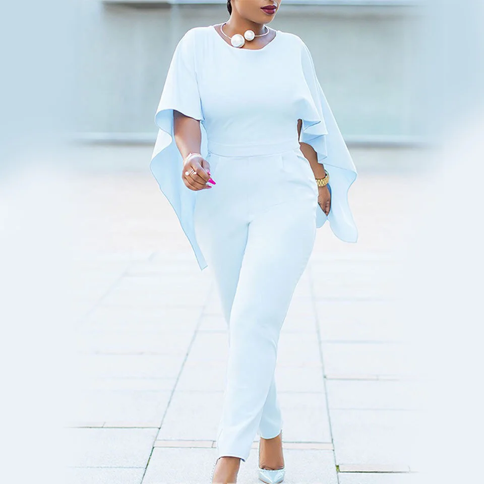 

Elegant Long Party Jumpsuit Women Summer 2020 Plain White Batwing Sleeve Skinny Long Pants Work Official Femme Jumpsuits New Hot