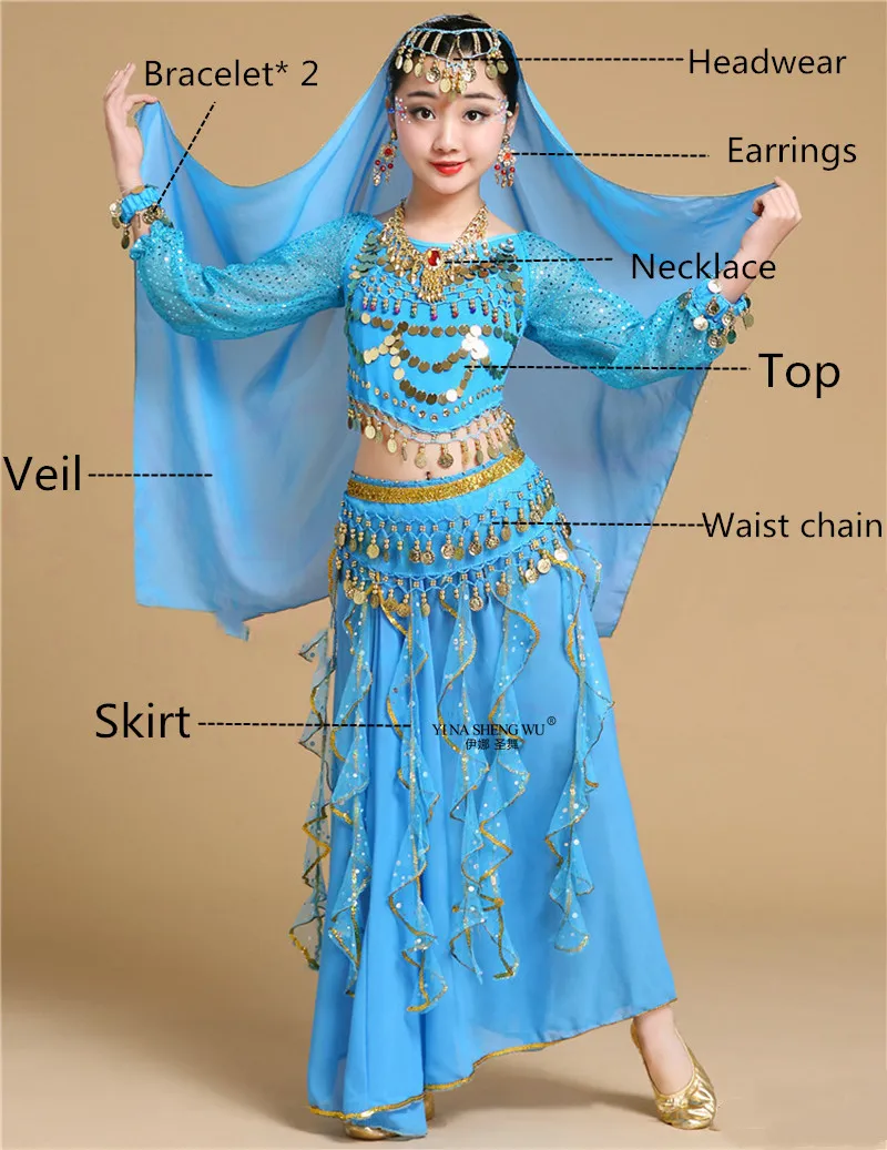 Turquoise 8pcs Детские костюмы для танца живота, индийские Детские костюмы для танца живота, одежда для восточных танцев для девочек, индийский комплект для выступлений в Болливуде, танец живота - Цвет: Turquoise 8pcs