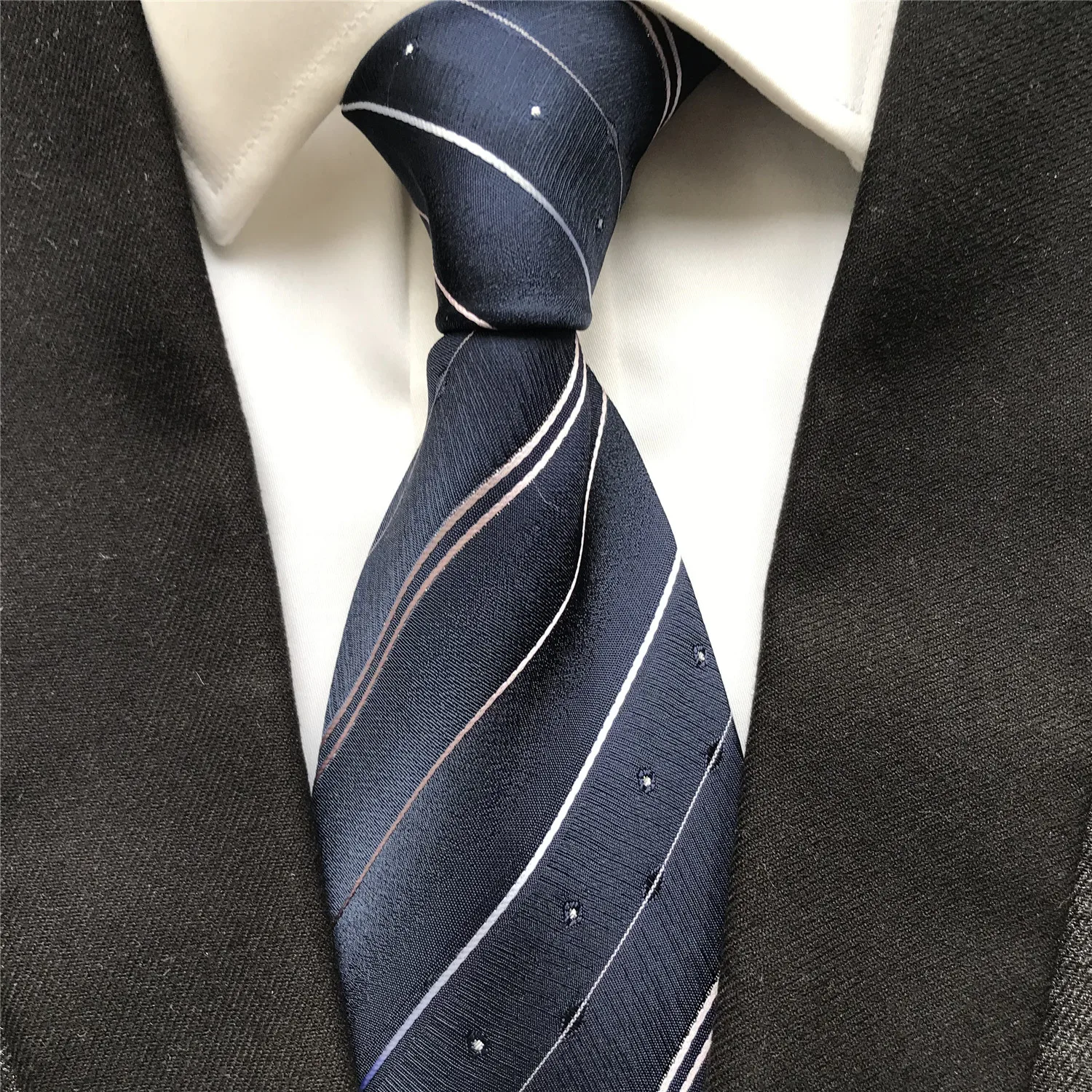 

10 cm Width New Design Men's Formal Ties Jacquard Woven Neck Tie Navy Blue Striped Corbatas Neckties