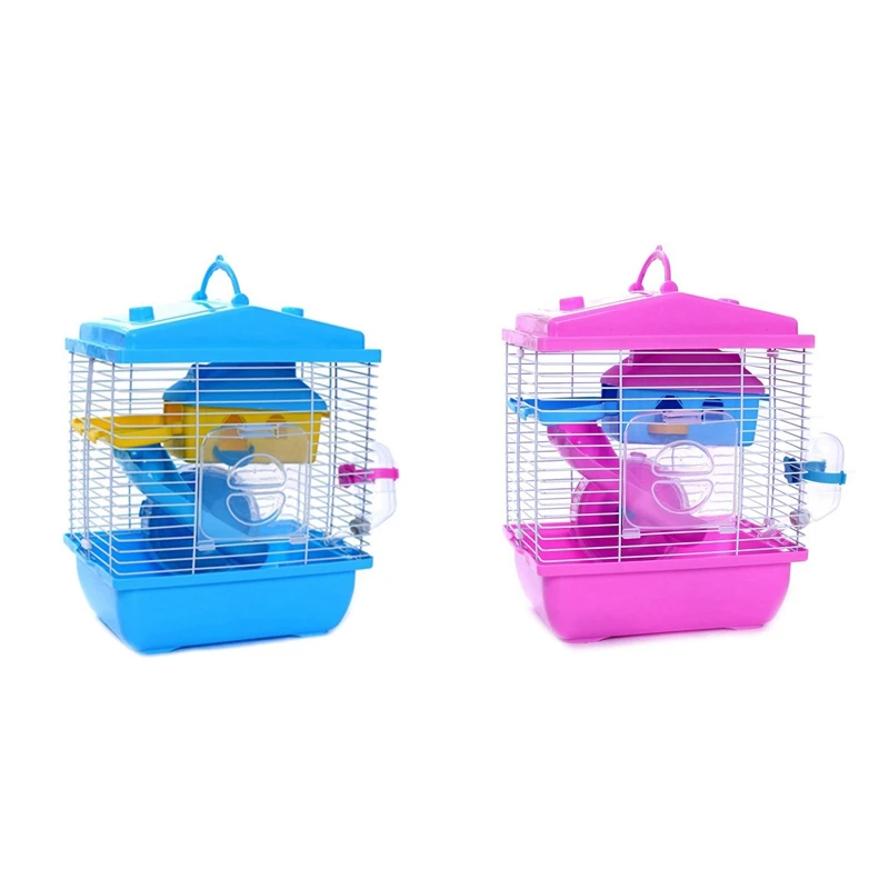 

2x Pet Cage Hamster Cottage with Transparent Skylight Double Layer House for Hamster Golden Hamster Pet Blue & Pink