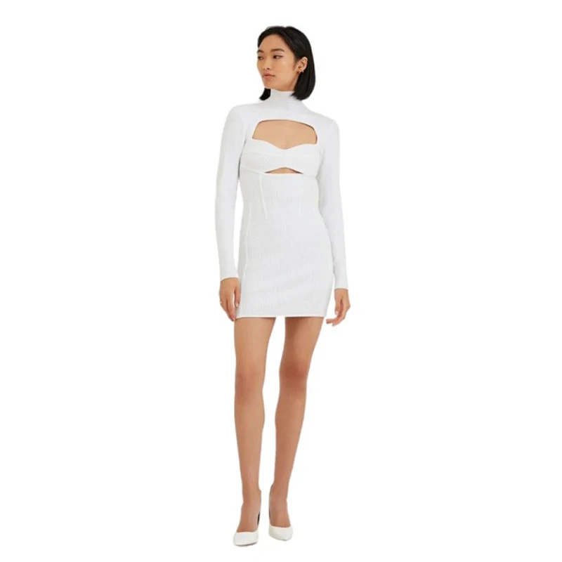 

Wholesale Women's White Long Sleeve Hollow Out Mini Sexy Evening Celebrity Cocktail Party Bandage Dress