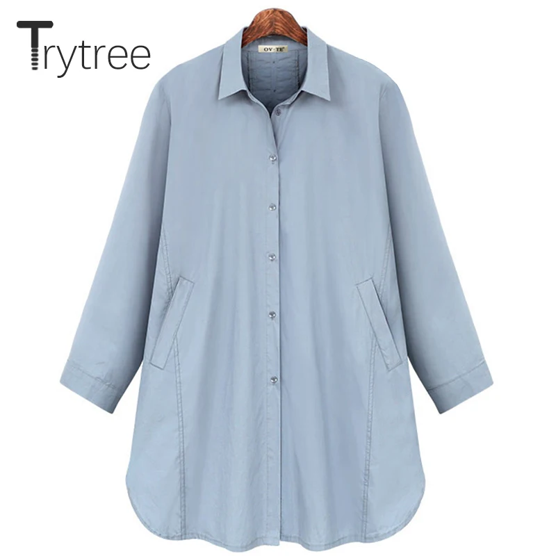 

Trytree 2021 Spring Autumn Women Blouse Casual Cotton Blend Turn-down Collar Pockets Shirts Office Lady Solid Tops For Women