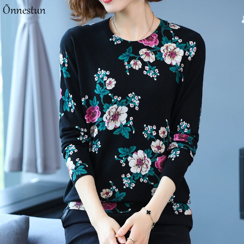 

Floral Print Sweater Women Autumn Korean Fashion Women Clothing Pullover Long Sleeve Top Pull Femme Soft Women's Sweaters