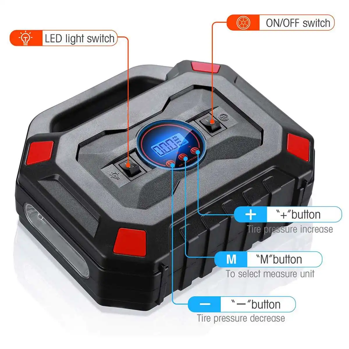 Лобовое цифровое насосное устройство для шин с ЖК-дисплеем на 12 В для автомобиля, портативный насос для воздуха с компрессором 150PSI и USB-питанием для надувания моторных велосипедов.