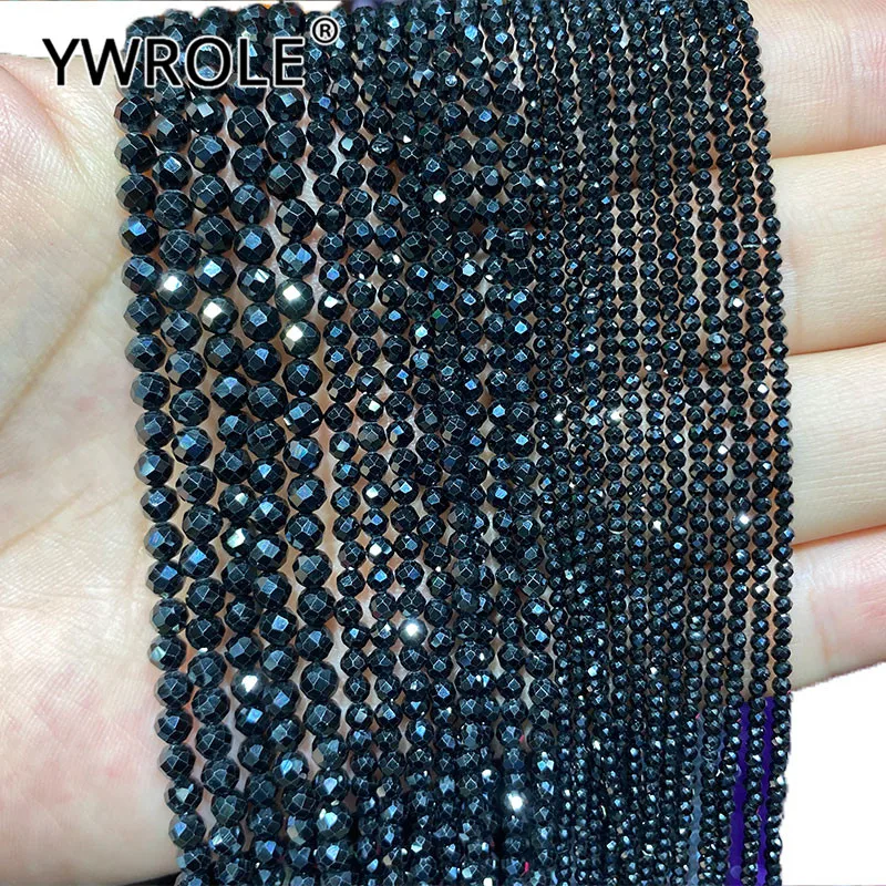 

YWROLE 100% Natural Gem Stone Black Spinel Faceted Round Spacer Beads For Jewelry Making DIY Bracelet Necklace 2/3/4MM 15''