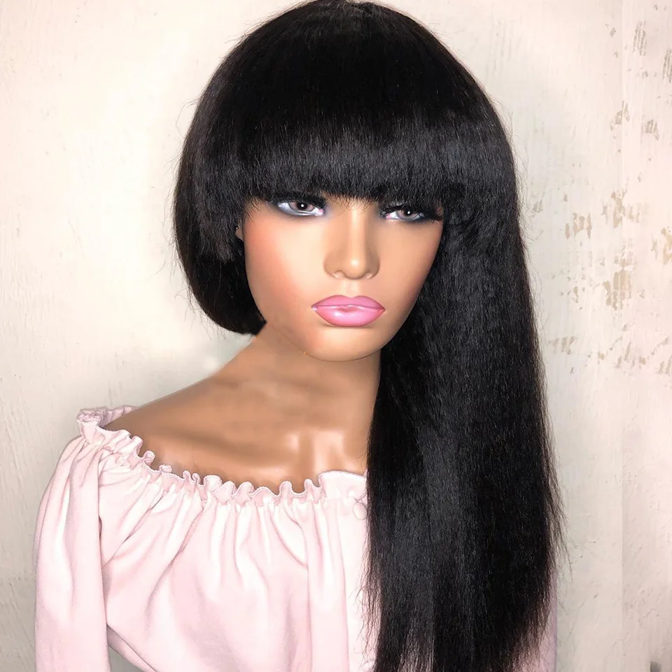 

Yaki Straight Human Hair Wigs With Bangs Kinky Straight Full Machine Made Wig Natural Color For Black Women Glueless Remy Hair
