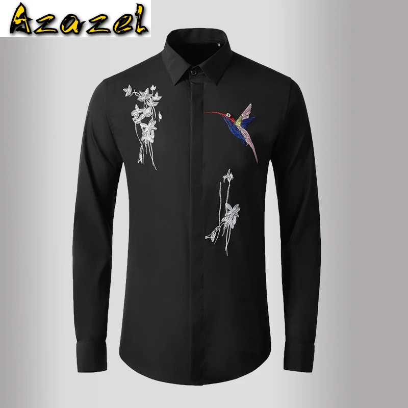 

Azazel Long Sleeve Mens Shirts Luxury Fowl And Flowers Embroidery Casual Mens Dress Shirts Plus Size 4xl Party Slim Man Shirts
