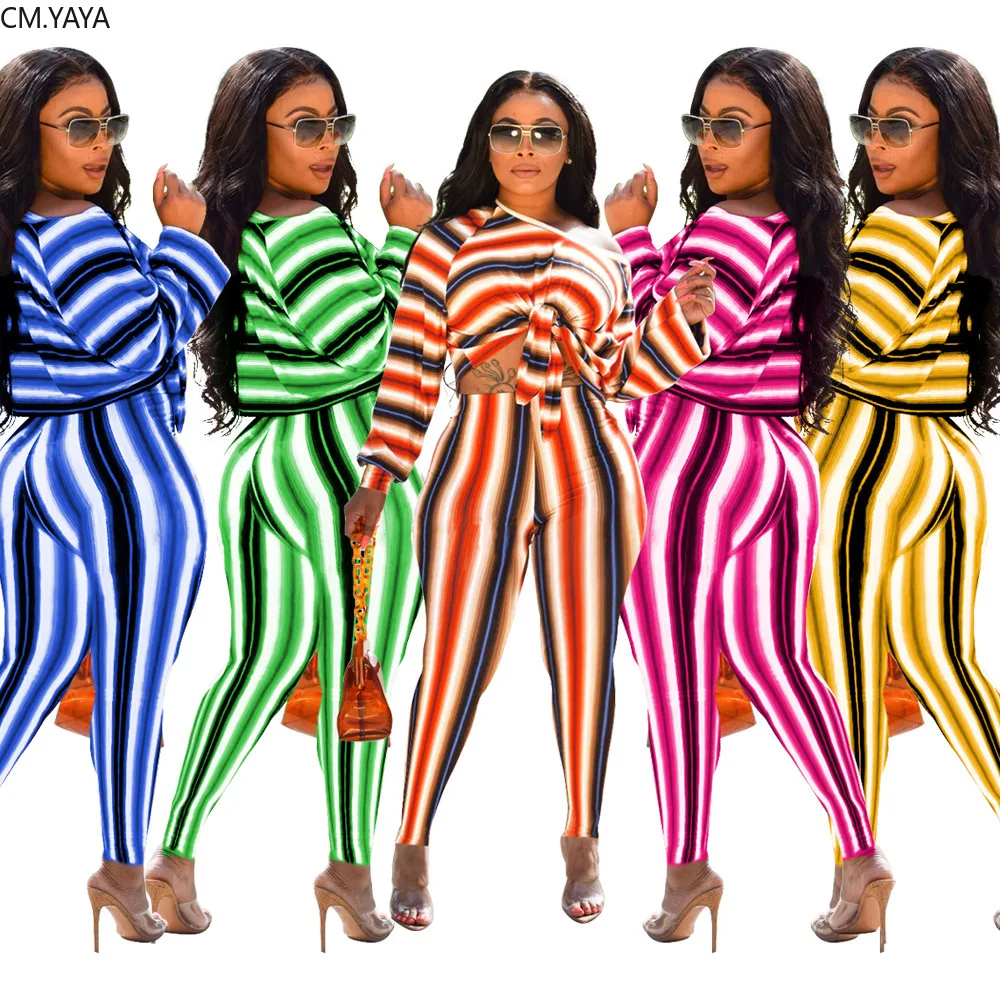 Осенний женский костюм в полоску с открытыми плечами длинным рукавом галстуком