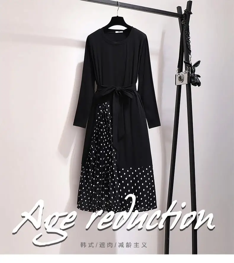 2XL-6XL женское осеннее платье большого размера Повседневное платье в горошек с длинными рукавами Черное лоскутное 5XL Большие размеры; для офиса женские платья