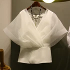 Женская блузка из органзы, однотонная блузка с V-образным вырезом и коротким рукавом в Корейском стиле, весна-лето