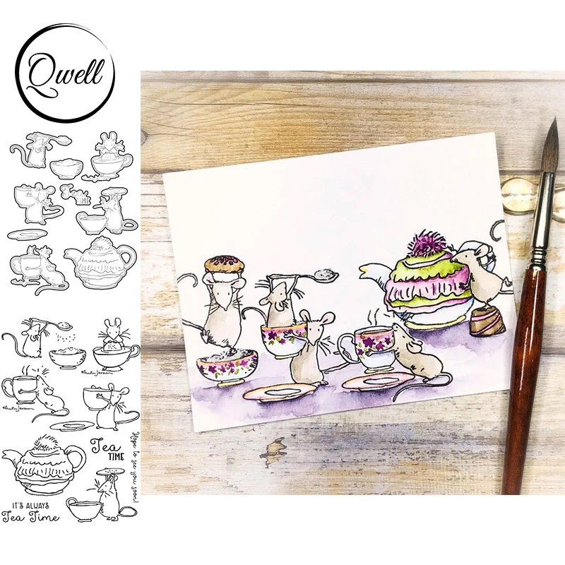 QWELL мыши питьевой высокий чай вырезанные штампы с прозрачными штампами чайная чашка блюдце чайник сделай сам шаблон для скрапбукинга 2021 Новинка