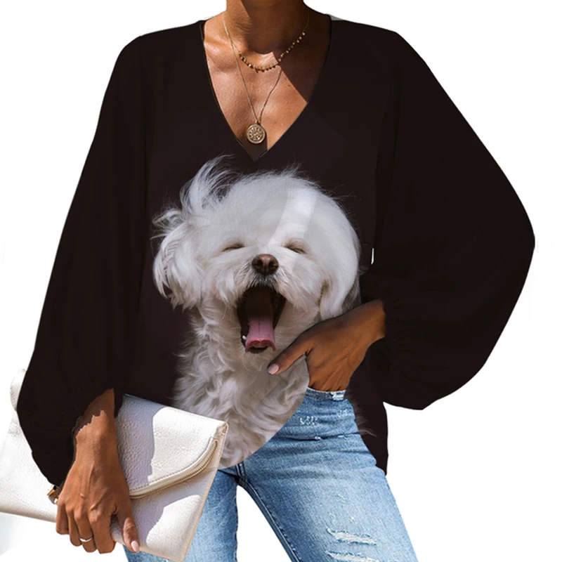 

Blusas Mujer Chiffon Women Blouse Cute Maltese Dog 2021 Casual Loose Long Sleeve Plus Size Tops V-Neck Shirts Ladies Clothing