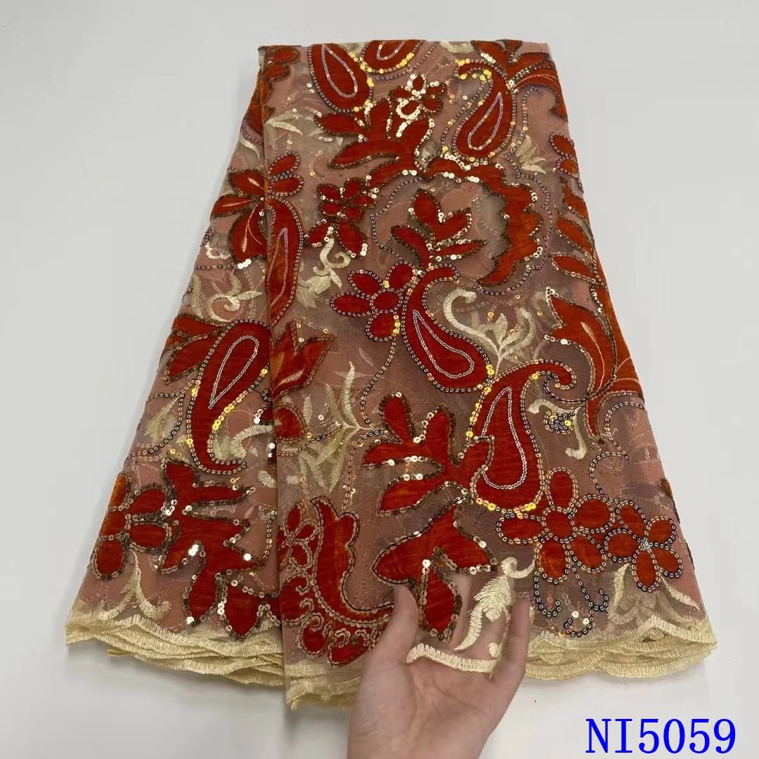 

XIYA New Sequins Lace Fabrics African Nigerian Tulle Mesh Lace Fabric for Wedding Velvet Lace Fabrics with Velvet NI5059