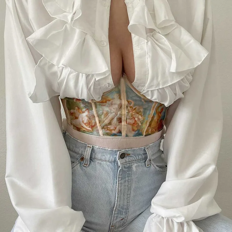 

QICIUS Vintage Print Angel Underbust Corset Sexy Y2K Boned Bustier Top Women Summer Belt Accessories Waist Slimming Cincher